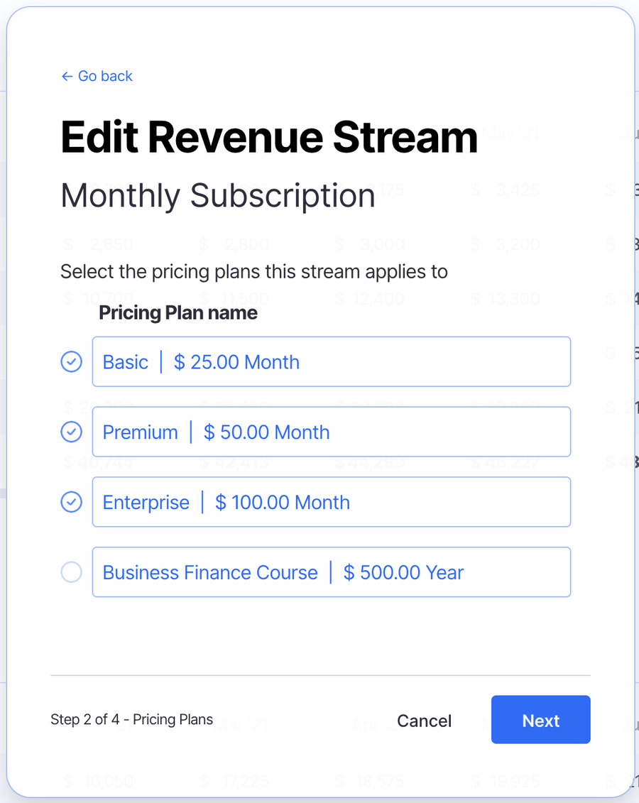 edit revenue streams in finmark