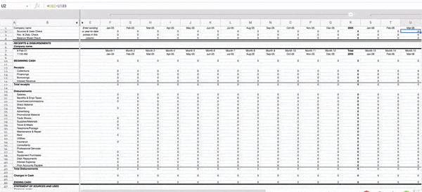 financial model template rows