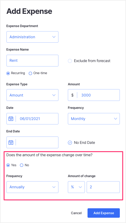 expense increase - financial plan