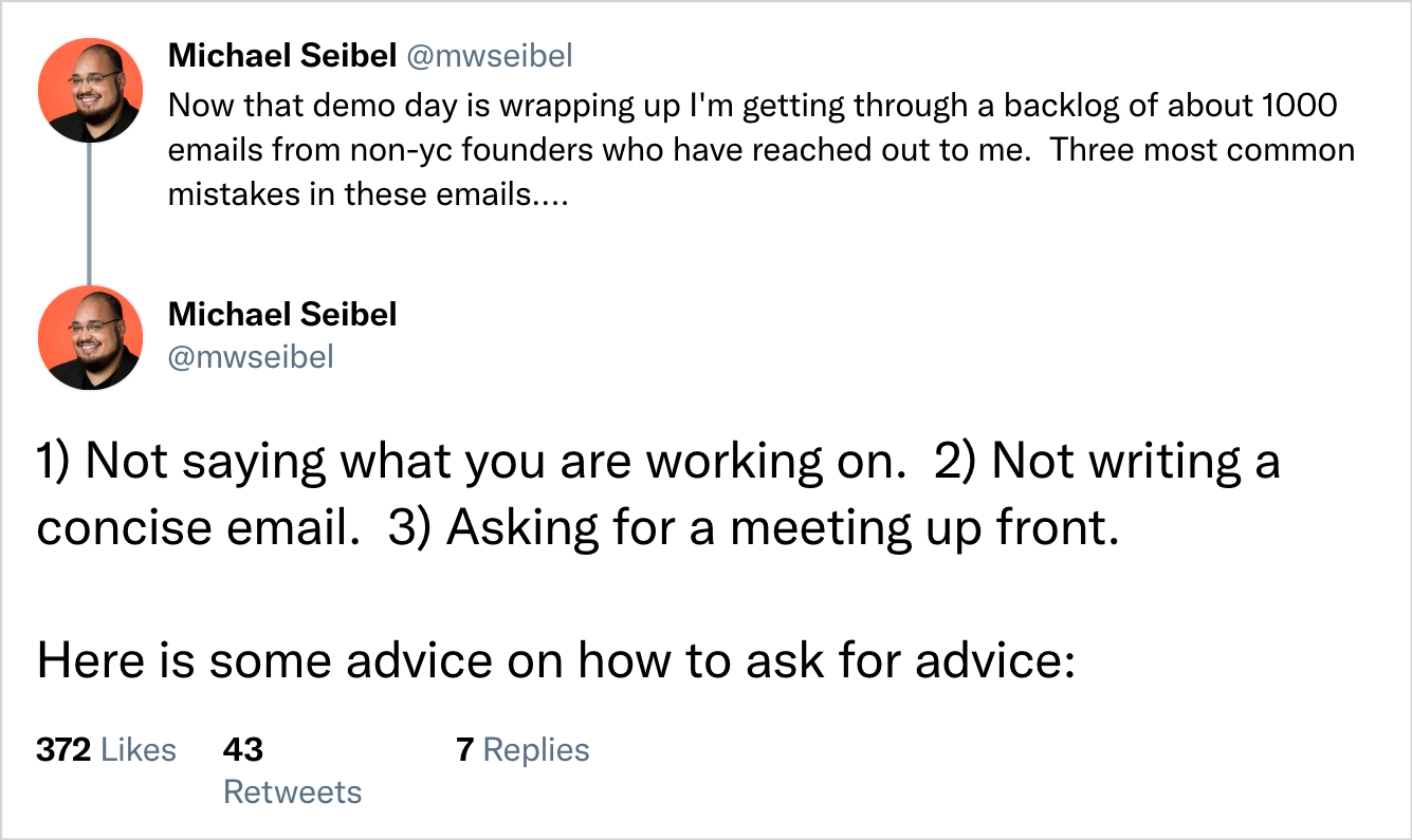 Michael Seibel Investor Email Tweet