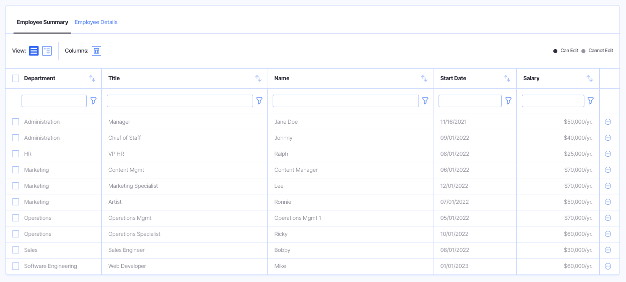 startup hiring plan - employee summary