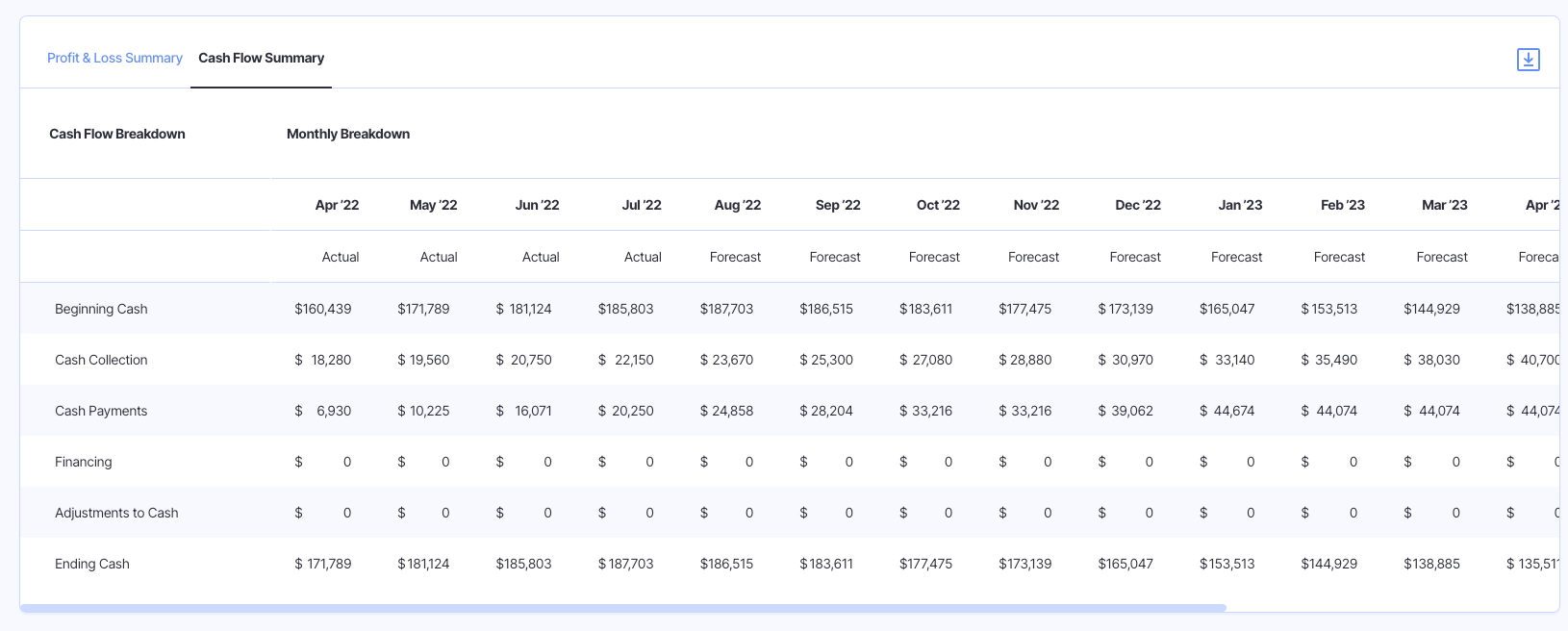 cashflow summary report in finmark