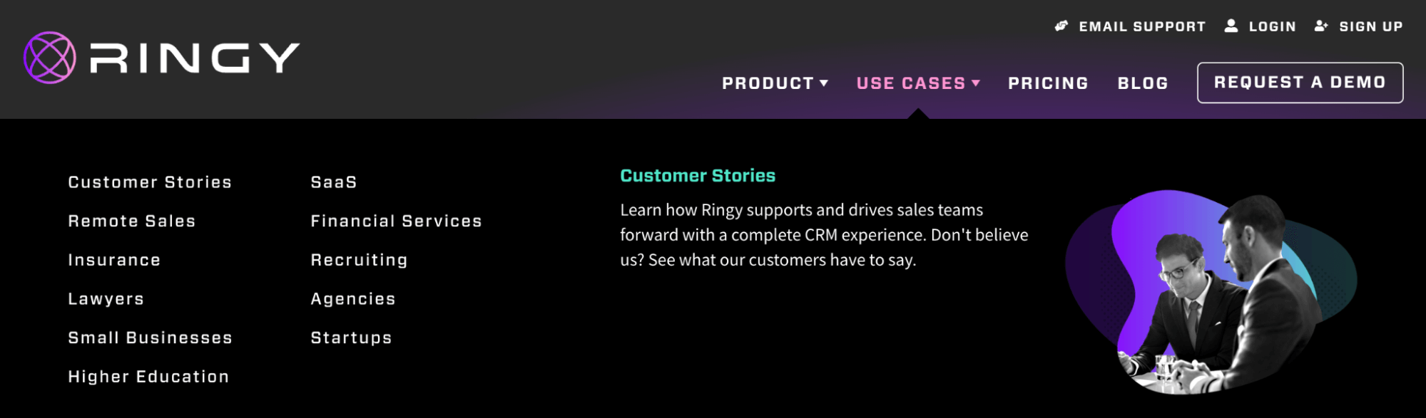 ringy use cases dropdown on website