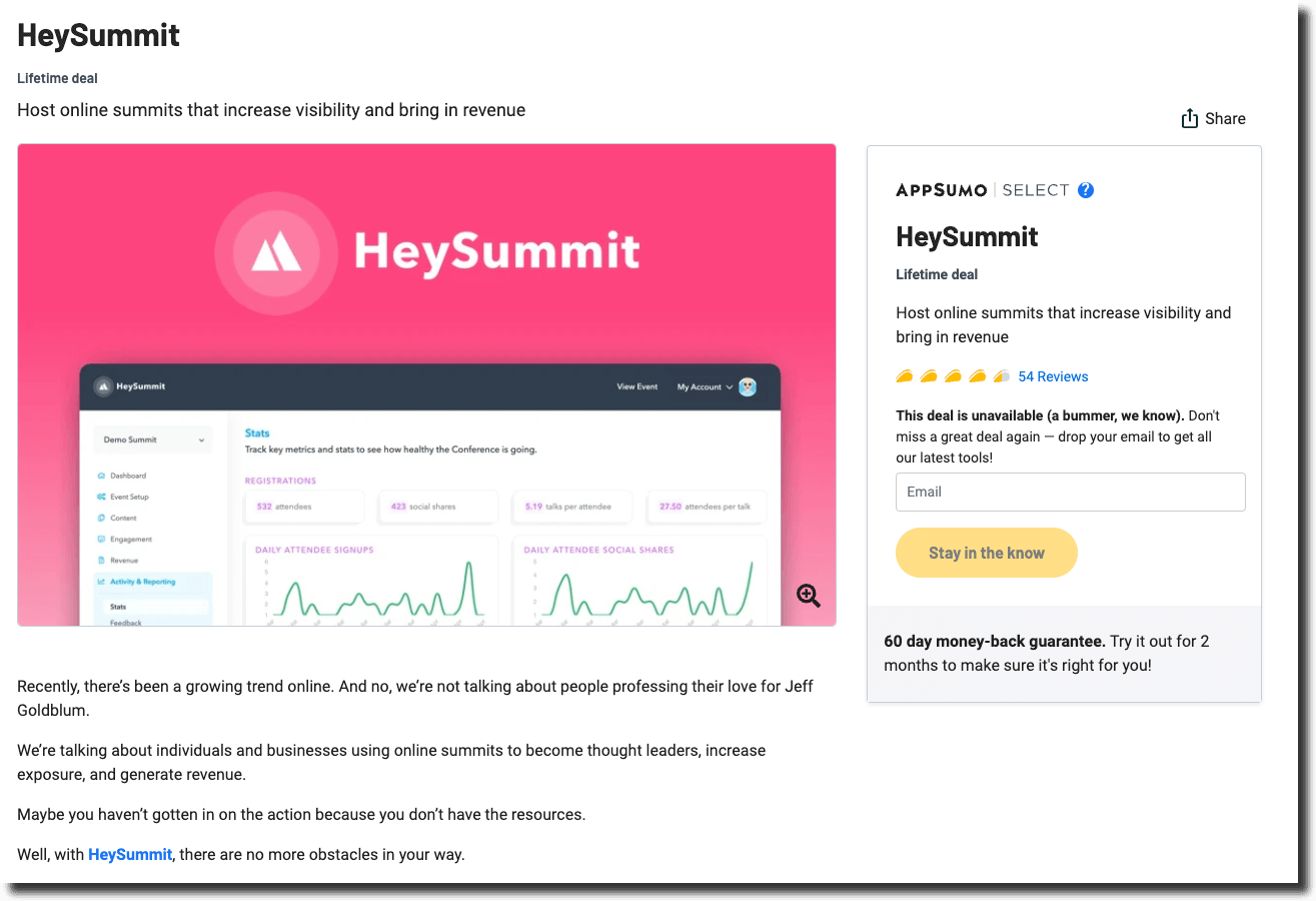 heysummit appsumo deal page