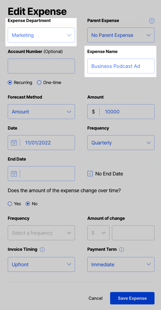 add podcast marketing expense forecast