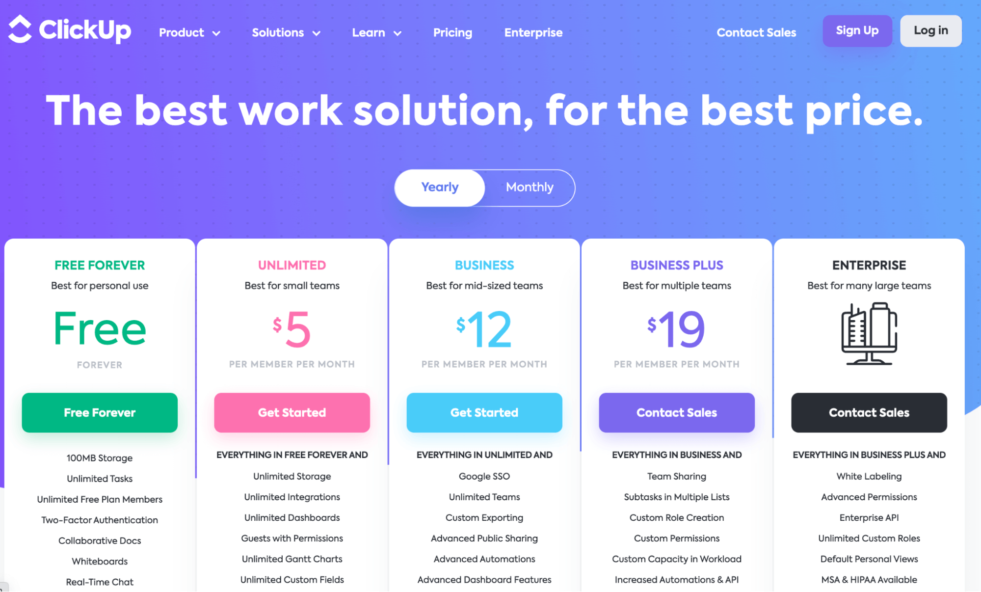 clickup pricing page