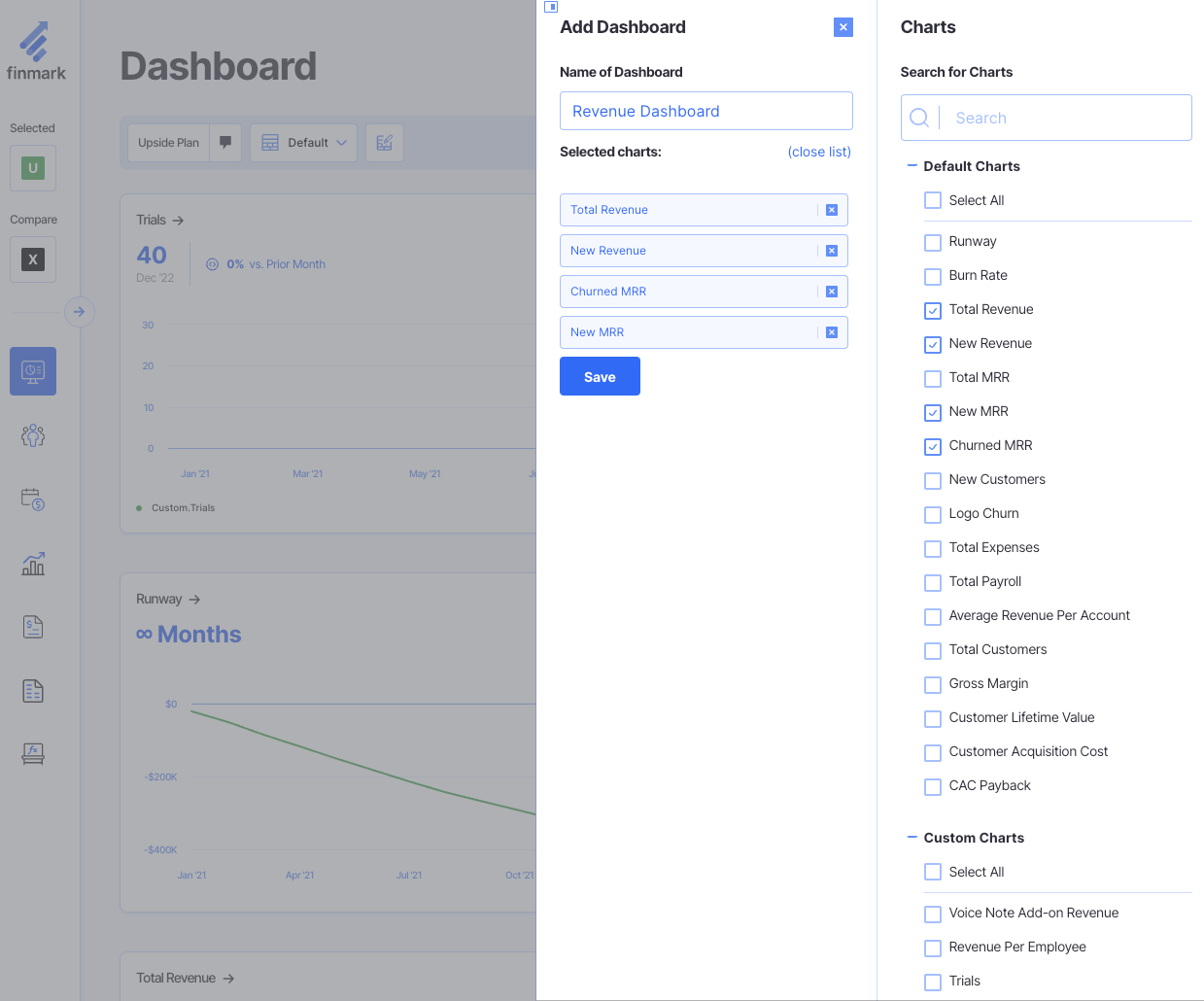 create custom dashboard in finmark